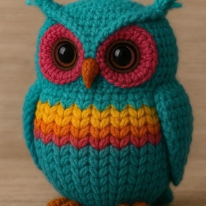 May include: A handmade, teal-colored owl figurine with large, black eyes and a vibrant pink and orange chest. The owl's eyes are framed by pink yarn, and it has small, tufted ears. The owl is made of knitted yarn and has orange feet.