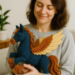 Peut inclure: Un jouet en peluche Pegasus bleu fait à la main, avec une crinière, une queue et des sabots orange, et des ailes jaunes et orange. La créature mythique est faite d'un fil texturé. La personne porte un sweat-shirt gris.