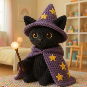 Puede incluir: Un peluche de gato negro con un sombrero y capa de mago morados con estrellas amarillas. El gato sostiene una varita brillante. El peluche está tejido a ganchillo y tiene ojos grandes y redondos amarillos.
