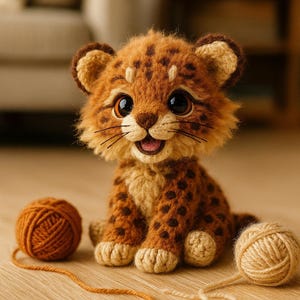 May include: A handcrafted, plush, smiling leopard cub with brown spots, large eyes, and whiskers. Two balls of yarn sit nearby. The cub is made of brown and tan yarn, and is sitting on a wooden surface.