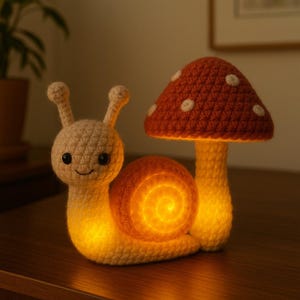 Pode incluir: Uma luz noturna de crochê em forma de caracol e cogumelo. O caracol tem um corpo bege e uma concha laranja. O cogumelo é vermelho com bolinhas brancas. Tanto o caracol quanto o cogumelo brilham com uma luz quente.