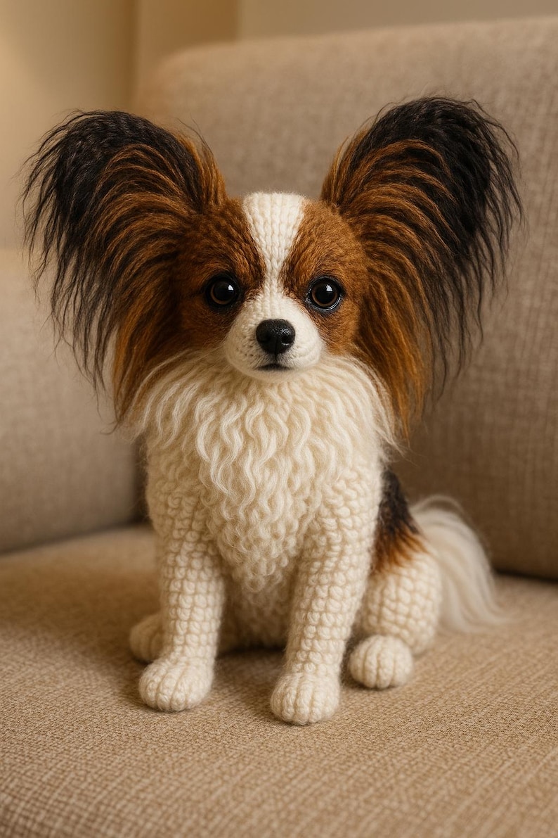以下が含まれることがあります： 手作りのパピヨン犬の置物。犬は、黒と茶色の毛皮の大きな房状の耳、白と茶色の顔、ふわふわのクリーム色の体を持っています。犬はニュートラルな色の表面に座っています。
