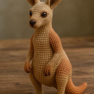 May include: A handmade crochet kangaroo in shades of tan and brown. The kangaroo has large ears, a small nose, and dark eyes. It is standing on its hind legs with its arms at its sides. The tail is curved and the overall design is detailed.