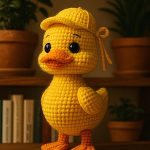 Op de afbeelding: Een handgemaakte, gele gehaakte eend met een bijpassende gele pet. De eend heeft oranje voeten en een snavel, met grote zwarte ogen. De eend staat op een houten plank, met potplanten en boeken op de achtergrond.