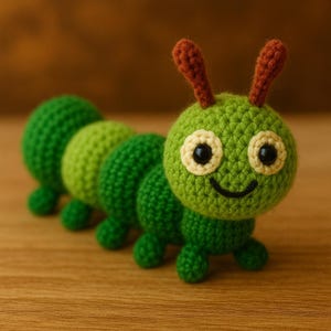 May include: A handmade crochet caterpillar toy in shades of green. The caterpillar has a smiling face with black eyes, cream-colored eye accents, and brown antennae. The body is segmented, with each segment a different shade of green.