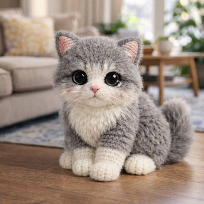May include: A handmade gray and white crochet cat with large black eyes, pink accents on the ears and nose, and a fluffy tail. The cat is sitting on a wooden floor.