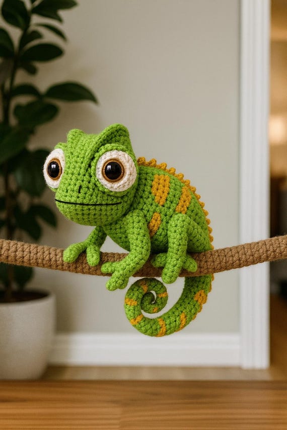 かぎ針編みのカメレオンの編み図、初心者向け編みぐるみトカゲの作り方