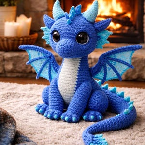 以下が含まれることがあります： 大きな黒い目、水色の翼と角を持つ、手作りの青いかぎ針編みのドラゴン。 ドラゴンは白いお腹をしており、明るい色のラグの上に座っています。 背景には、火の燃える暖炉があります。