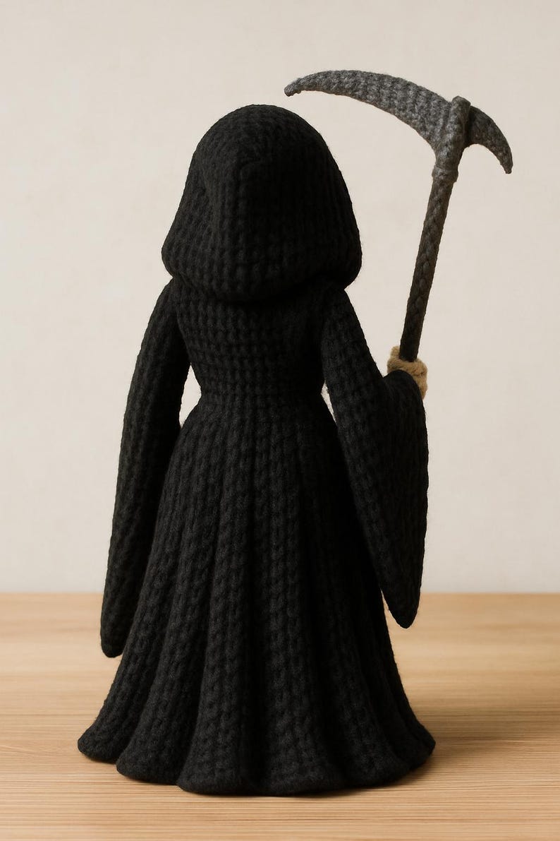 May include: A handmade black crochet Grim Reaper doll, viewed from the back. The doll wears a hooded robe and holds a gray scythe. The scythe's handle is brown, and the doll's hands are tan. The doll is a unique, handcrafted item.