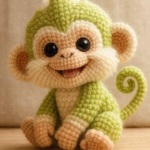 Puede incluir: Un mono de ganchillo hecho a mano en tonos verdes y beige. El mono tiene ojos grandes y negros y una expresión sonriente. La cola está enroscada. El juguete está hecho de hilo suave y es probablemente un juguete para niños o un objeto decorativo.