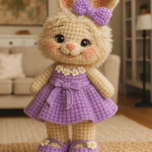 May include: A handmade crochet bunny doll. It has a cream-coloured body, a purple dress, and matching shoes. The bunny has a purple bow, pink cheeks, and a smiling face. The dress is decorated with small white flower accents.