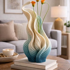 May include: A knitted fabric vase in cream and teal, holding three orange flowers. The vase has a distinctive, flowing design. It is placed on a stack of books on a wooden table. The table is in a living room setting.