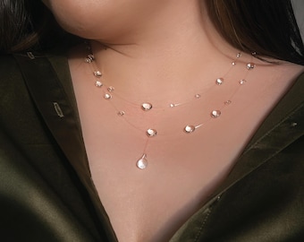 Clear Dew Drop Floating Illusion Statement Necklace Ethereal Water Droplet Minimalist - Handmade Twlight Necklace