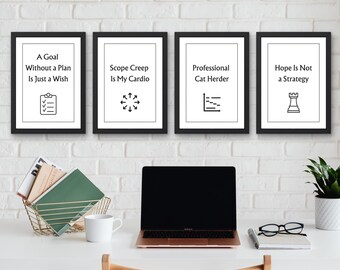 Minimalist Project Manager Wall Art Set (4 Designs), Black & White Office/Cubical Decor (Digital Download)