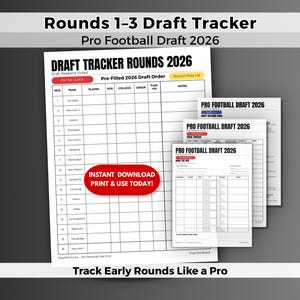 Peut inclure: Plusieurs feuilles imprimables de suivi de draft pour la Draft de football américain 2026. La feuille principale est blanche avec des colonnes pour l'équipe, le joueur, le poste et la note. Un bouton rouge indique "Téléchargement instantané Imprimez et utilisez aujourd'hui !"