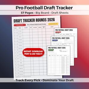 Op de afbeelding: Een set afdrukbare Pro Football Draft Tracker-vellen. Het hoofdvel is een raster voor het volgen van picks, met de tekst "DRAFT TRACKER ROUNDS 2026." Extra vellen zijn inbegrepen. De tekst "INSTANT DOWNLOAD PRINT & USE TODAY!" staat op een rode ovaal.