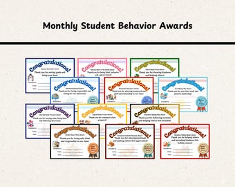 Monthly Student Awards for Positive Behavior, Kindergarten and Elementary (Digital Download)