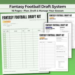 May include: A white Fantasy Football Draft Kit with the text "Fantasy Football Draft System" and "16 Pages • Plan, Draft & Manage Your Season". The kit includes pages for tracking picks, player positions, and team notes.