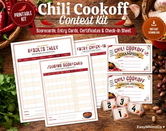 Chili Cook Off Kit: Table Tents, Sign Up Sheet, Scorecard & Tally,  Winner Certificates, Printable