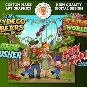 以下が含まれることがあります： 遊園地で家族を描いたカラフルなデジタルアート。画像には「Zydeco Bears Fais Do-Do」、「Gator Gusher」、「Cajun World Amusement Park」、「Cray Cray Coaster」の文字が含まれています。このアートワークは、鮮やかな色と陽気な雰囲気を持つ漫画スタイルです。
