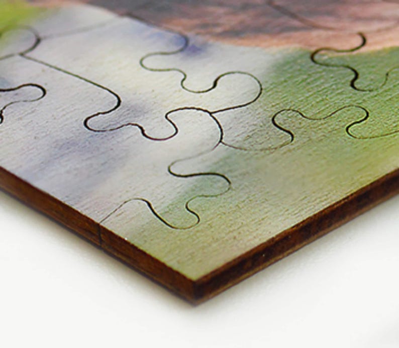 The image is a close-up of a wooden puzzle with a jigsaw-like design, featuring a green and brown color scheme.