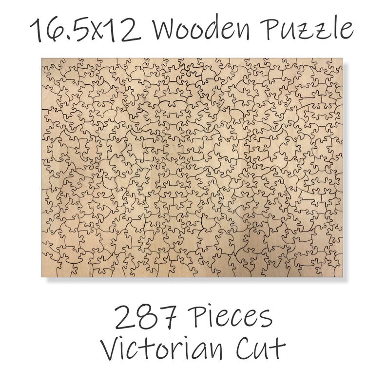 The image is a wooden puzzle with a Victorian cut design, featuring a total of 287 pieces.
