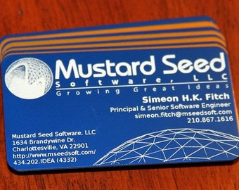 May include: A blue and white business card with the text "Mustard Seed Software, LLC Growing Great Ideas" and the contact information for Simeon H.K. Fitch, Principal & Senior Software Engineer. The card also includes a website address and phone number.