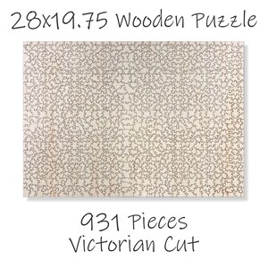 May include: A 28x19.75 inch wooden jigsaw puzzle with 931 pieces in a Victorian cut style.