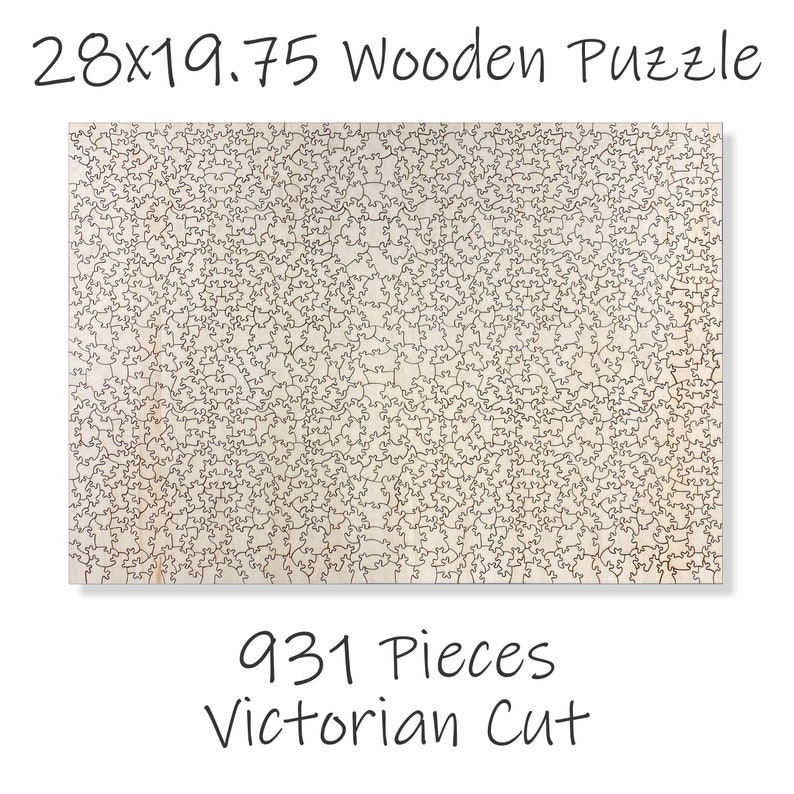 May include: A 28x19.75 inch wooden jigsaw puzzle with 931 pieces in a Victorian cut style.