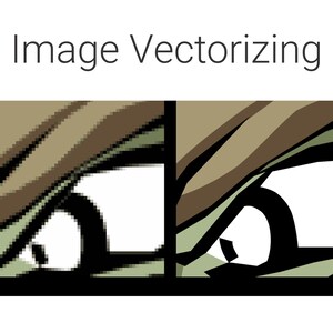 Puede incluir: Primer plano de un ojo de dibujos animados con un párpado verde y marrón. El ojo mira hacia la derecha. La imagen es una comparación de una imagen pixelada a la izquierda y una imagen vectorial a la derecha.