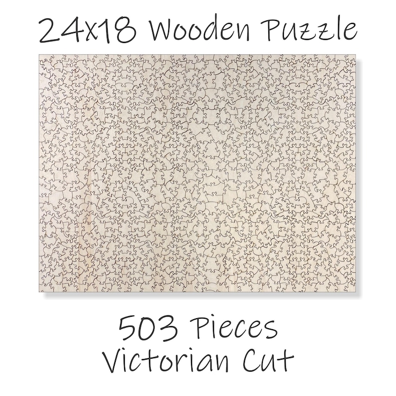 The image is a wooden puzzle with a Victorian cut design, featuring a repeating pattern of small black and white shapes. The puzzle has a total of 503 pieces.