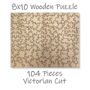 The image is a wooden puzzle with a Victorian-style cut, featuring 104 pieces.