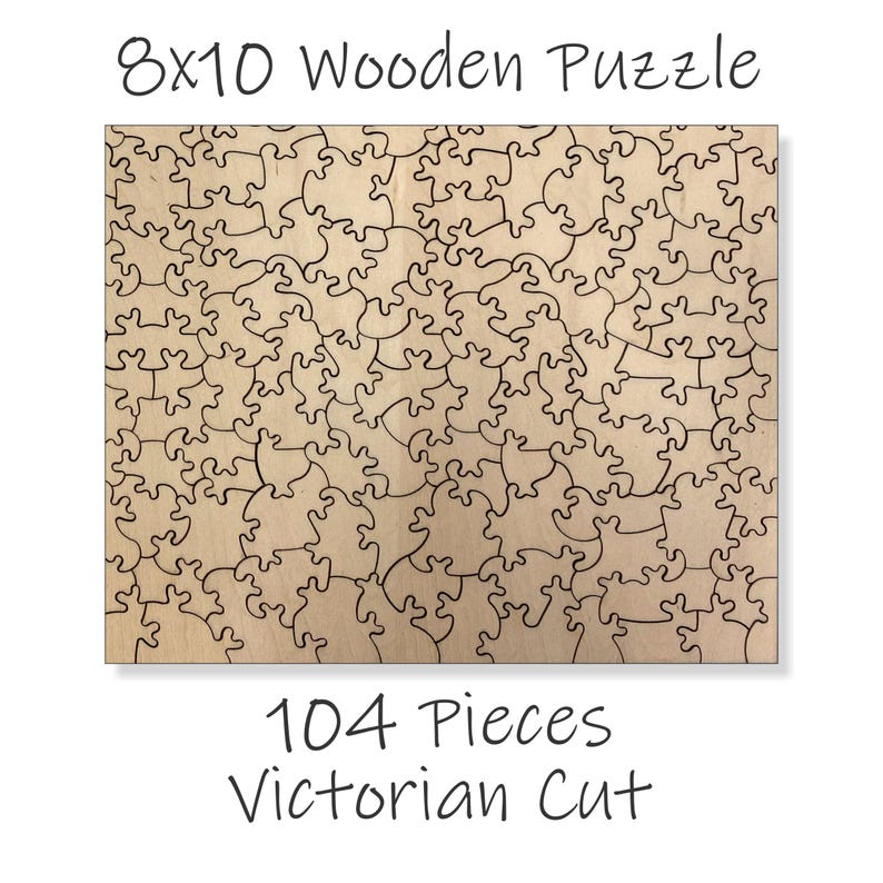 The image is a wooden puzzle with a Victorian-style cut, featuring 104 pieces.