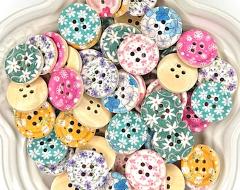Round Floral Buttons | Glossy Wooden 4 Hole Round Embellishments for Kawaii Crafts & Sewing Projects