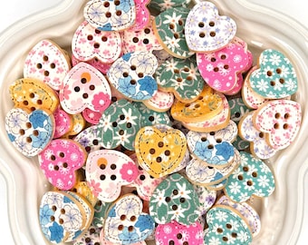 Heart Shaped Buttons | Wooden Glossy Floral Patterned 4 Hole Buttons for Kawaii Crafts & Sewing