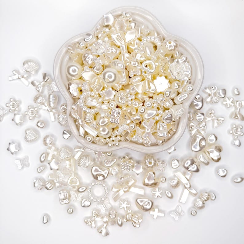 Pearl bead mix: glossy white acrylic beads and charms for kawaii decoden, phone strap beads, DIY jewelry