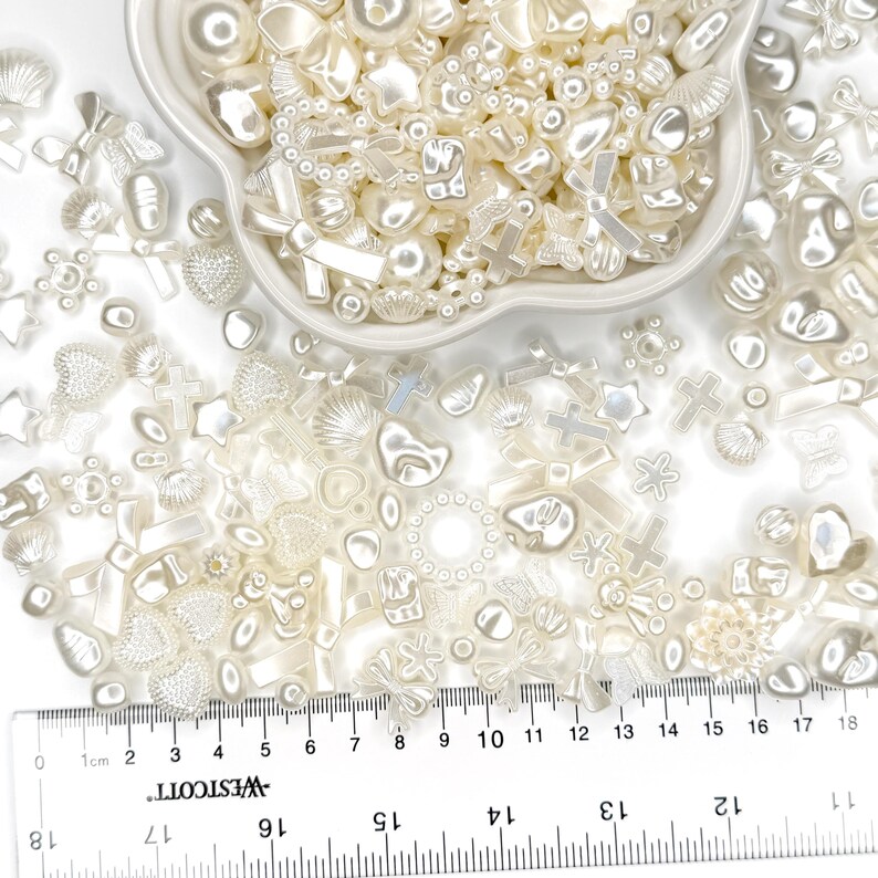 Pearl bead mix: glossy white acrylic beads and charms for kawaii decoden, phone strap beads, DIY jewelry