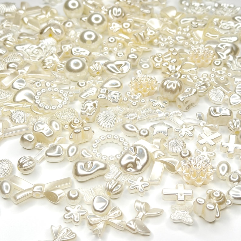 Pearl bead mix: glossy white acrylic beads and charms for kawaii decoden, phone strap beads, DIY jewelry