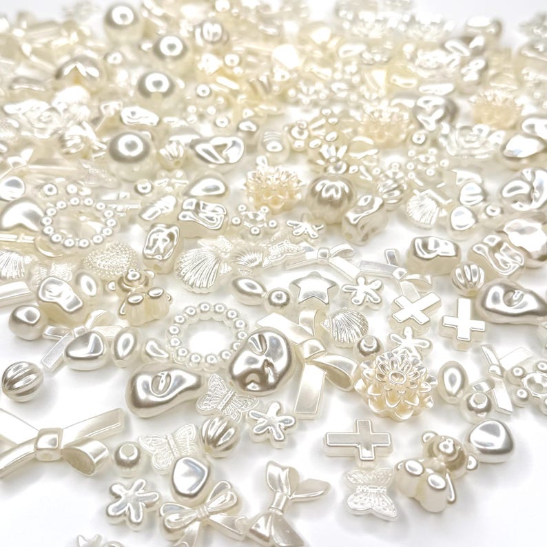 Pearl bead mix: glossy white acrylic beads and charms for kawaii decoden, phone strap beads, DIY jewelry