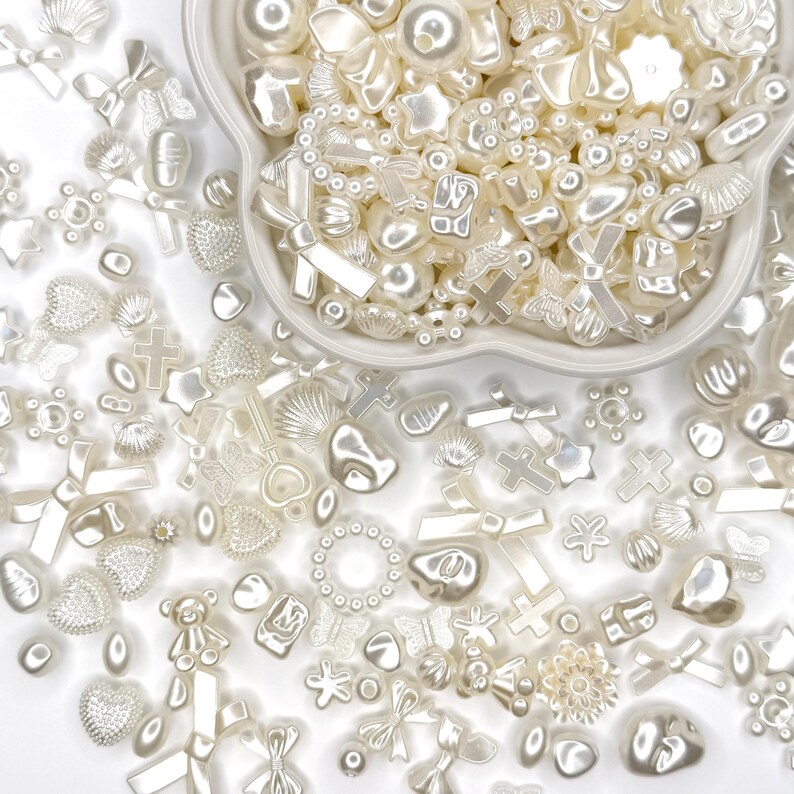 Pearl bead mix: glossy white acrylic beads and charms for kawaii decoden, phone strap beads, DIY jewelry