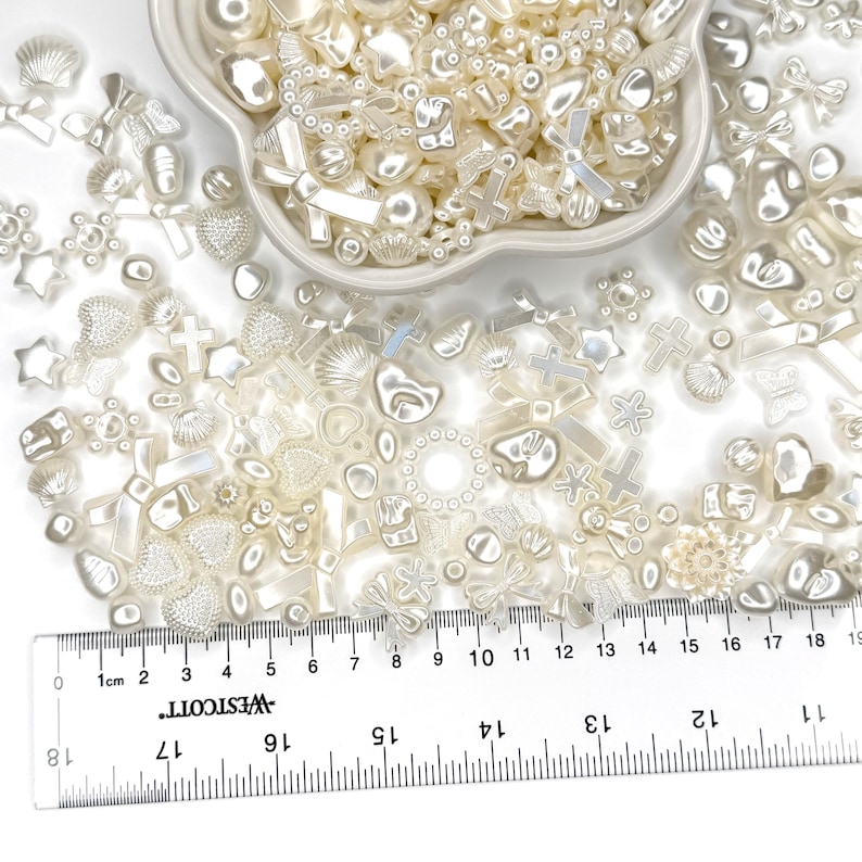 Pearl bead mix: glossy white acrylic beads and charms for kawaii decoden, phone strap beads, DIY jewelry