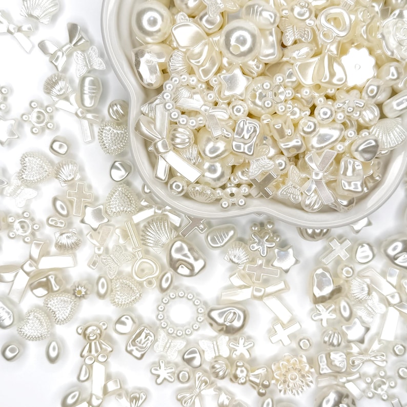 Pearl bead mix: glossy white acrylic beads and charms for kawaii decoden, phone strap beads, DIY jewelry