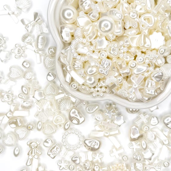 Pearl Bead Mix | Glossy White Acrylic Beads & Charms for Kawaii Jewelry, Decoden Craft Projects