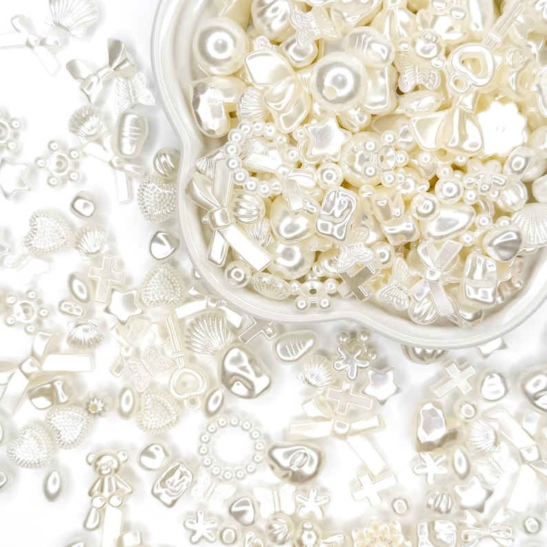 Pearl bead mix: glossy white acrylic beads and charms for kawaii decoden, phone strap beads, DIY jewelry