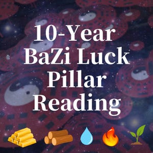 Puede incluir: Imagen con el texto "10-Year BaZi Luck Pillar Reading" en blanco. El fondo presenta un diseño cósmico con patrones circulares rojos y negros. También hay símbolos de lingotes de oro, troncos de madera, una gota de agua, una llama y un brote.