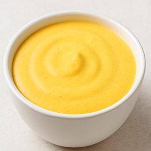 May include: A white ceramic bowl filled with a smooth, bright yellow sauce. The sauce has a swirl pattern in the center, suggesting a creamy texture. The bowl is set against a neutral, light-colored background.