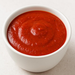 May include: A white ceramic bowl filled with a vibrant red sauce. The sauce has a smooth, thick consistency and a rich color. The bowl is round and sits on a light-colored surface, creating a simple, clean presentation.
