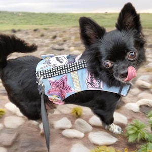 Denim Dog Harness Vest: Rock n Roll Studded Design