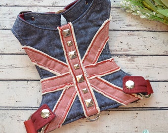 Personnalisé, Denim, Tissu, Harnais pour chien, Union Jack, Réglable, Choke Free, Designer, Gilet harnais pour petit chien, Jumpin Jack Flash par Foo Foo Fido