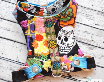 Day of the Dead, Dog Harness, Sugar Skull, Fabric, Designer, Choke Free, Adjustable, Small Dog Harness Vest, Black Skulls by Foo Foo Fido